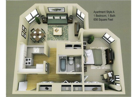 Floor plan for 1 bed, 1 bath